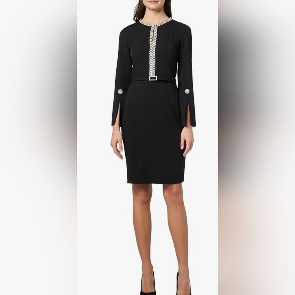 Karl Lagerfeld Women's Long Sleeve Scuba Crepe Chain Trim Sheath Dress